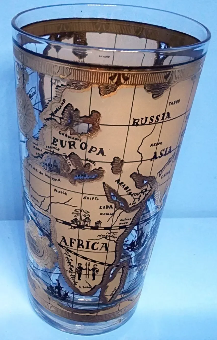 Vintage Cera Atlas Old World Map Highball Glasses 22K Gold Mid Century Modern